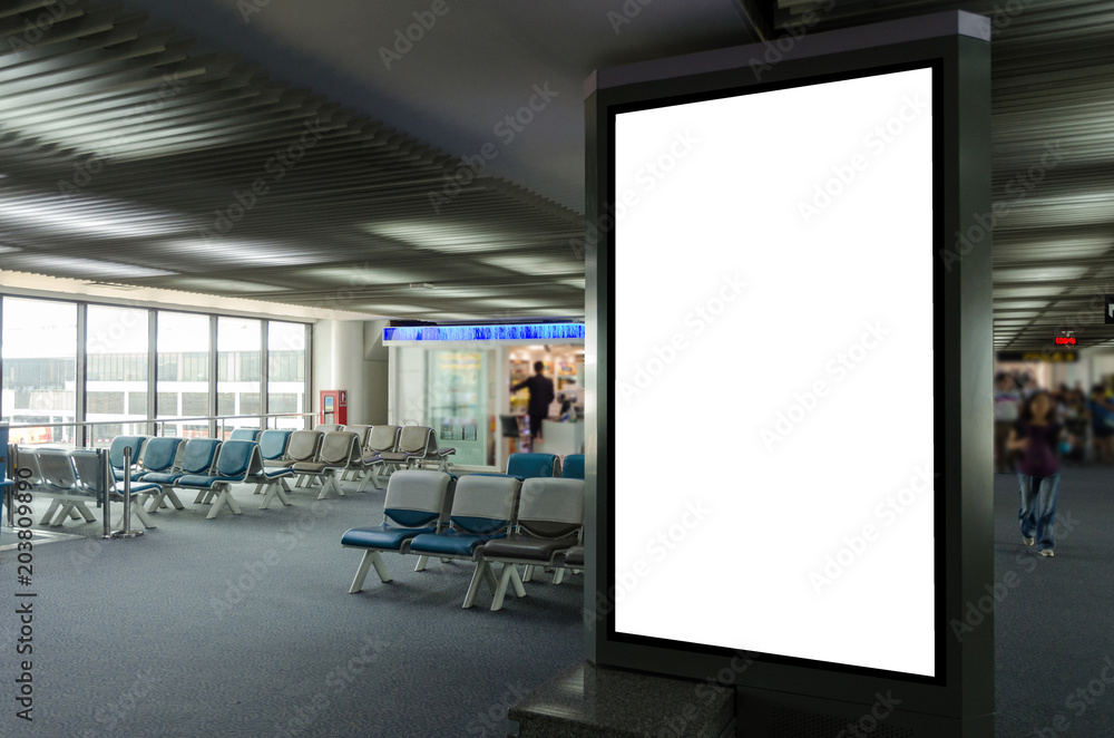 mock up of vertical blank advertising billboard or light box showcase with people waiting at airport, copy space for your text message or media content, advertisement, commercial and marketing concept mock up of vertical blank advertising billboard or light box showcase with people waiting at airport, copy space for your text message or media content, advertisement, commercial and marketing concept