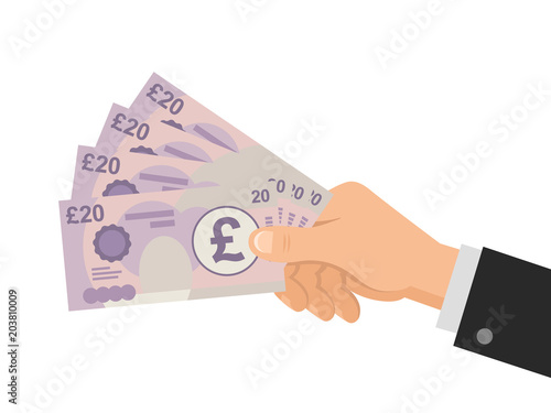 Hand holds money UK Pounds 20 banknotes. Business concept. Isolated on white background. Flat Style. Vector illustration.
