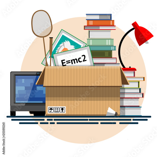 Illustration of a cardboard box with old things in a flat style. Box with old stuff vector. Monitor, rackets for badminton, portrait, lamp, books. Vector illustration Eps10 file
