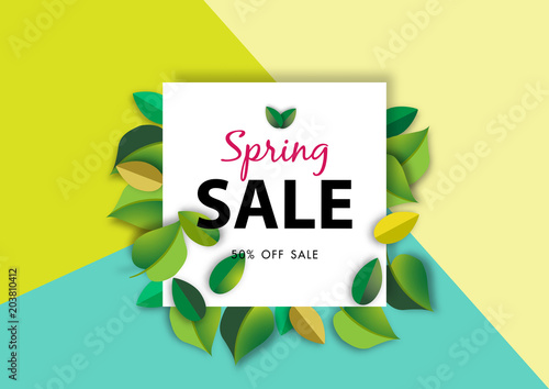 Spring sale background with green leave, vector illustration template