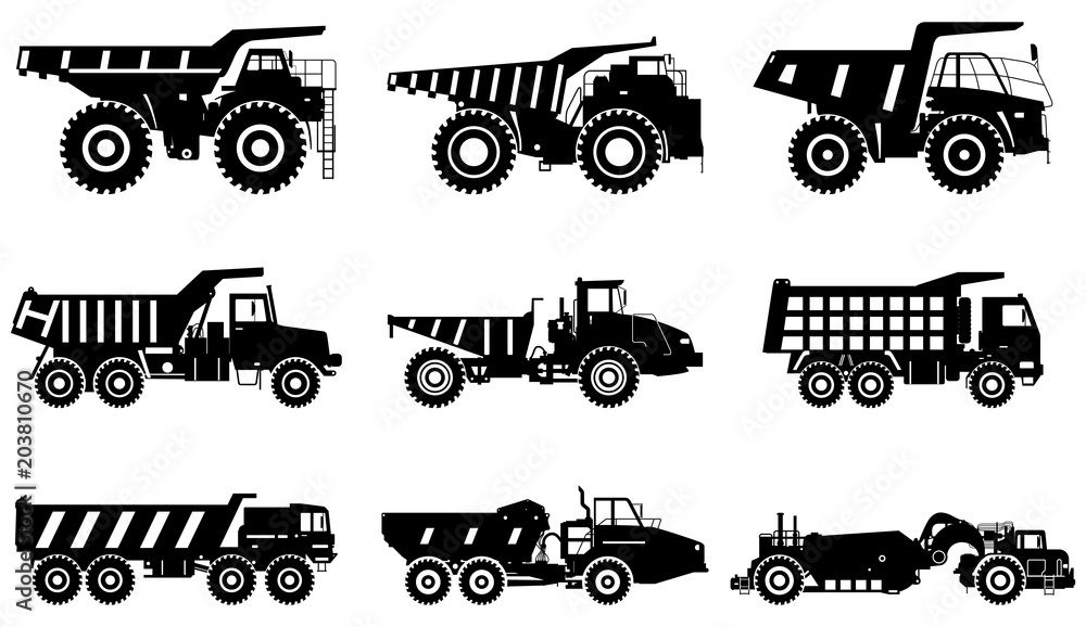 Off-highway trucks. Set of different silhouettes heavy mining machine and construction equipment in flat style on white background. Vector illustration.