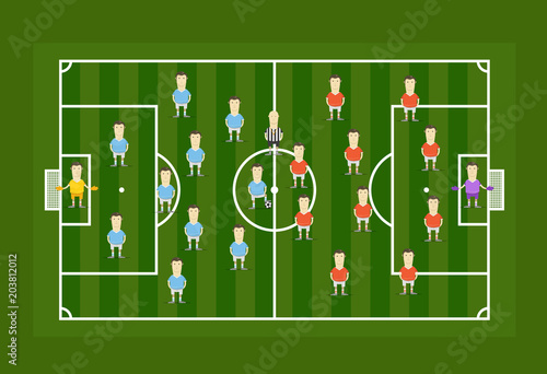 Green football field with football players. Infographic template