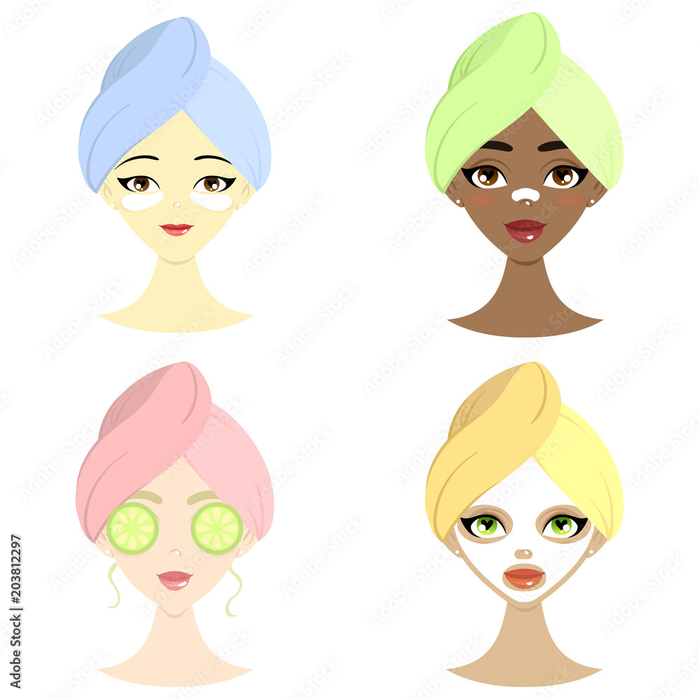 Spa set of beautiful women of different nation with mask, hydrogel eye patch, cucumber and mask for nos. Isolated vector illustration. Spa set of beautiful women of different nation with mask, hydrogel eye patch, cucumber and mask for nos. Isolated vector illustration.