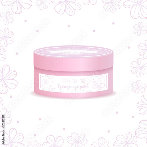 Realistic mockup package and flowers, plastic round jar for pink hydrogel eye patch. Isolated vector illustration.