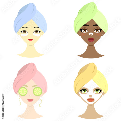 Spa set of beautiful women of different nation with mask, hydrogel eye patch, cucumber and mask for nos. Isolated vector illustration.