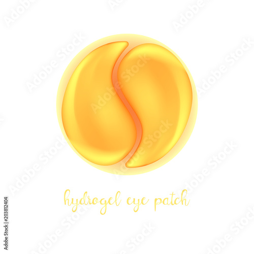 Realistic golden hydrogel eye patch in plastic round jar. View from above. Exclusive cosmetic product for skin care and treatment, Isolated vector illustration.