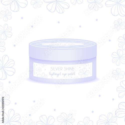 Realistic blue mockup package and flowers, plastic round jar for silver hydrohel eye patch. Isolated vector illustration.