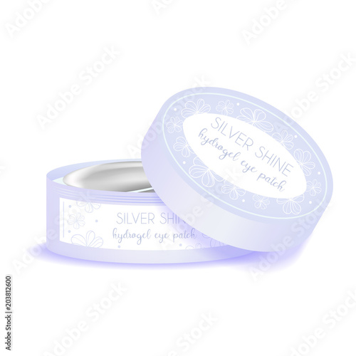 Realistic blue mockup package, plastic round jar for silver hydrohel eye patch. Isolated vector illustration.