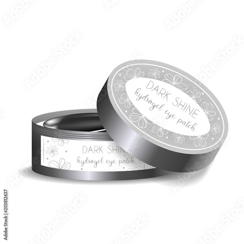 Realistic mockup package, plastic round jar for black hydrogel eye patch. Isolated vector illustration.