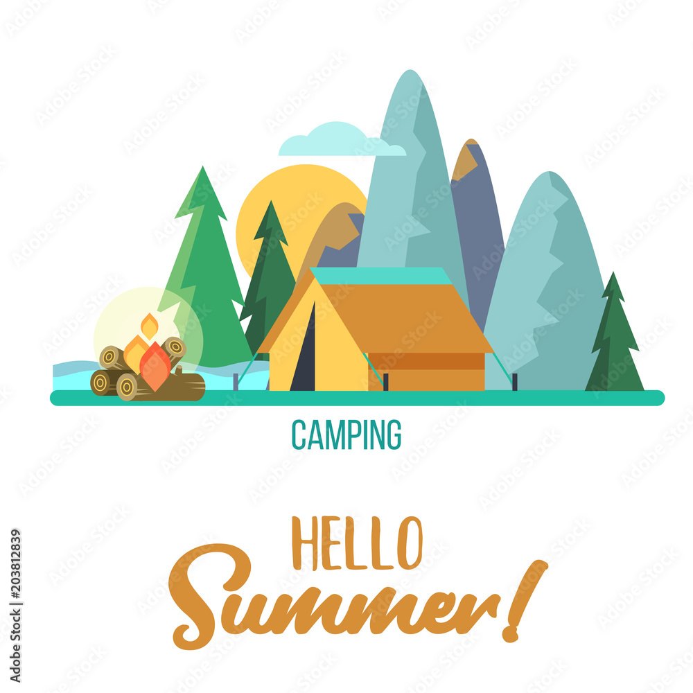 Camping. Vector illustration. Summer holidays in a tent on the nature.
