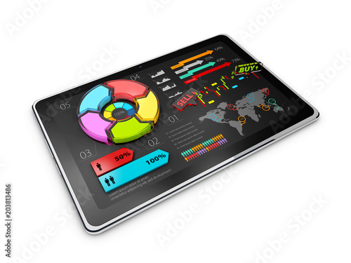 Creative colorful 3D Illustration pie chart on tablet, business concept
