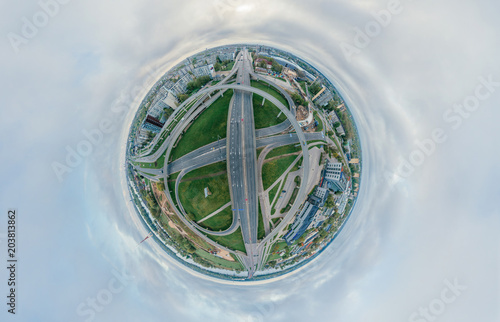 Summer City Planet. Bridge roads in Riga town 360 VR Drone picture for Virtual reality, Panorama