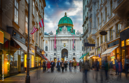 The pedestrian zone Herrengasse with a view towards imperial Hofburg palace in Vienna, Austria. © Tryfonov