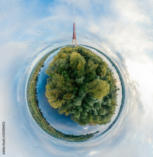 TV tower Sphere Planet. Bridge and houses in Riga city, Latvia 360 VR Drone picture for Virtual reality, Panorama
