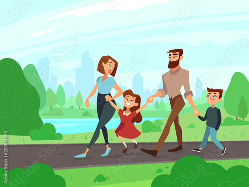 Happy cartoon father, mother, brother and sister at summer park. Young couple with kids walks outdoor, family lifestyle vector illustration