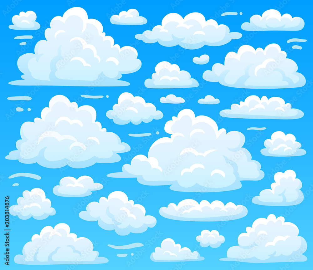 Cartoon fluffy cloud at azure skyscape. Heavenly clouds on blue sky, atmospheric cloudscape vector illustration
