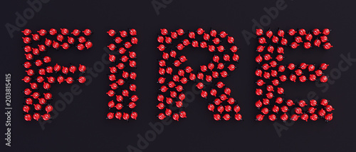 Fire extinguishers on a black background. Fire extinguishers form the word fire. Top view. 3d illustration 