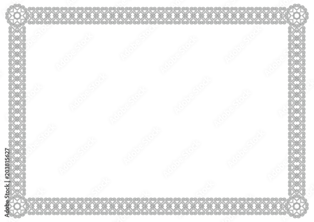 Decorative ornament border or frame in white with black outlines isolated on white background for photo, picture, book sheet, letter, decoration, inscription, text, document