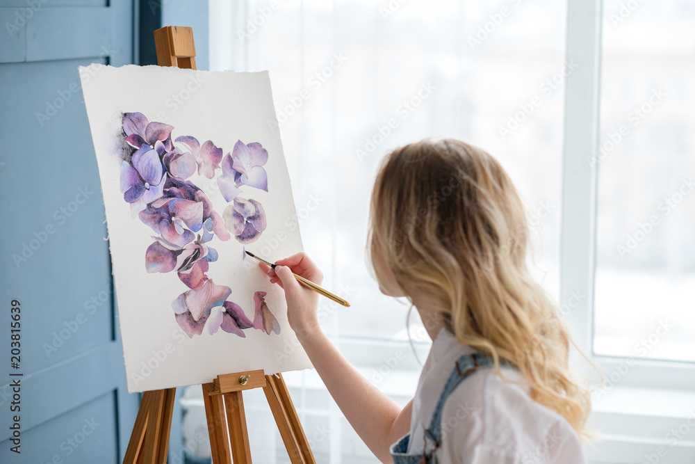artist lifestyle. painting hobby. woman drawing beautiful watercolor floral design - obrazy, fototapety, plakaty 