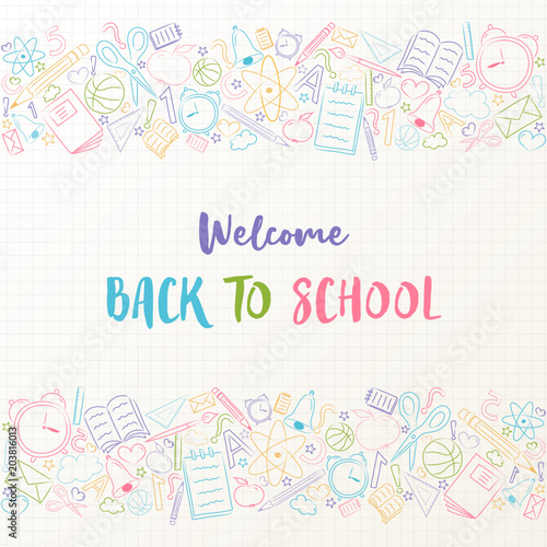 Back to school - concept of a poster with text and funny sketch. Vector.