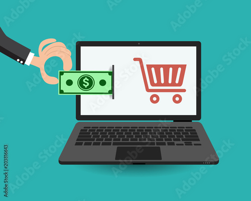 Hand pushing money in laptops.Payment online concept - Vector illustration.