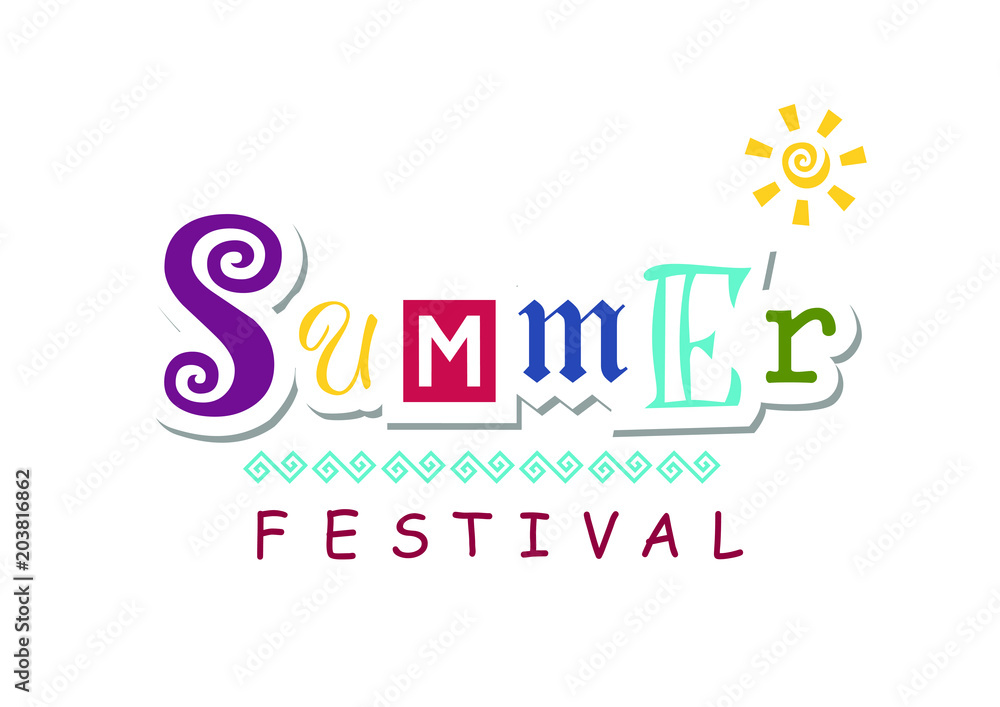 Colorful lettering of Summer festival with different letters in paper cut style decorated with sun and ornament on white background for festival, advertisement, poster, banner, decoration