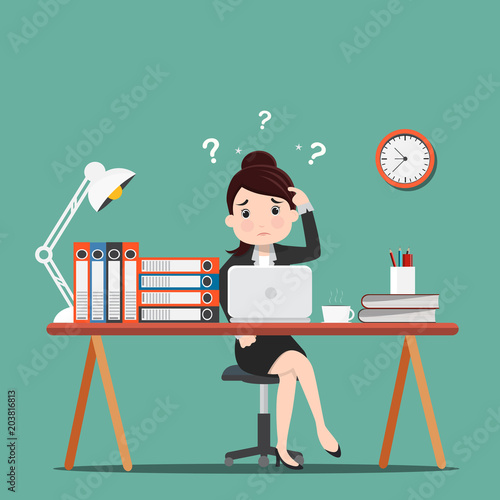 Busy of time business woman in hard working. A lot of work - Vector illustration.