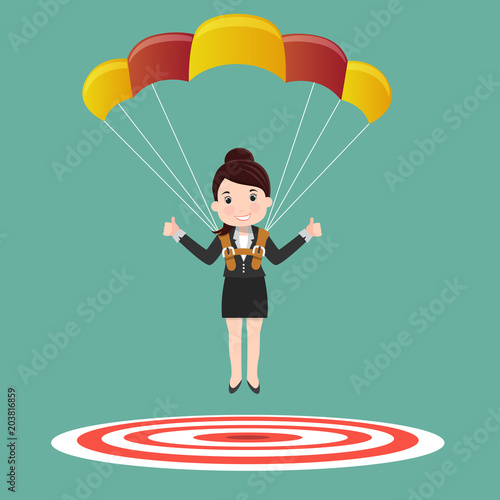Business woman focused on a target with parachute - vector illustration