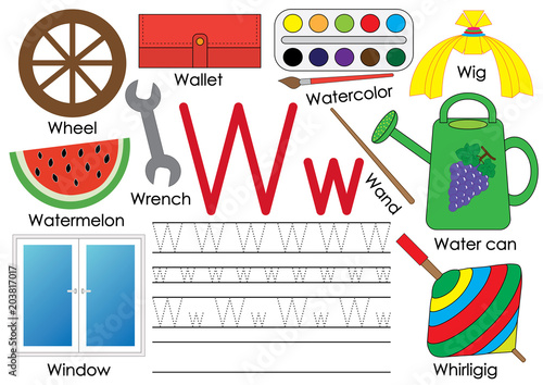 Letter W. Education for children. Learning English alphabet with writing practice. Vector illustration.