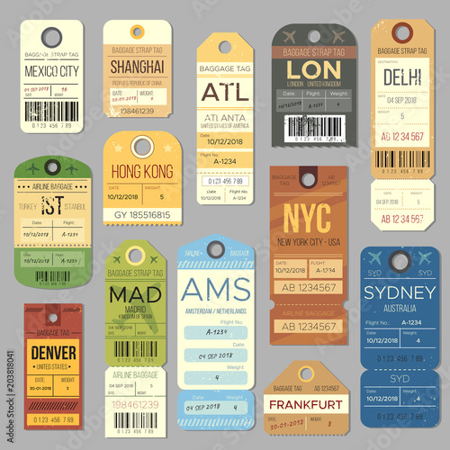 Luggage carousel baggage vintage tag symbols. Old train ticket and airline journey stamp symbol. London tour trip ticket vector set