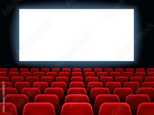 Movie premiere event at cine theatre. Cinema white blank screen at movie hall interior with empty seats vector background