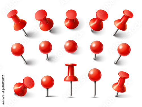 Red pushpin top view. Thumbtack for note attach collection. Realistic 3d push pins pinned in different angles vector set photo