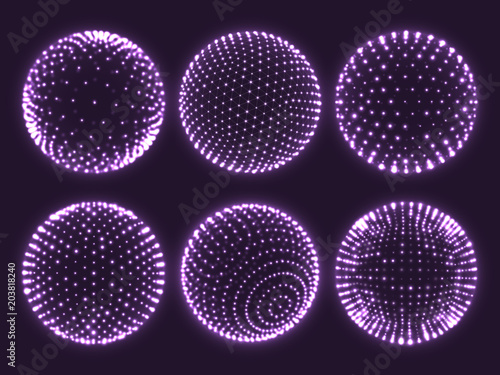 Geometry grid 3d sphere, atom orb, science chart of particles or virtual reality ball icon. Abstract spheres vector set