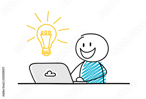 Funny stickman working on laptop - concept with bulb icon. Vector.