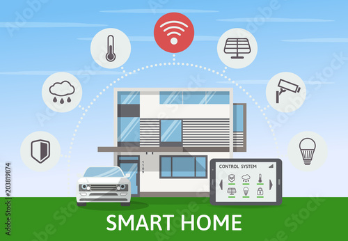 Modern Smart House with car infographic banner. Flat design style concept, technology system with centralized control. Vector illustration.