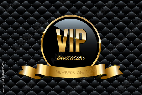 VIP invitation design template. Vector golden ring with ribbon and VIP invitation text on black luxury background.