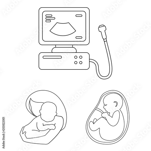 Woman and pregnancy outline icons in set collection for design. Gynecology and equipment vector symbol stock web illustration.