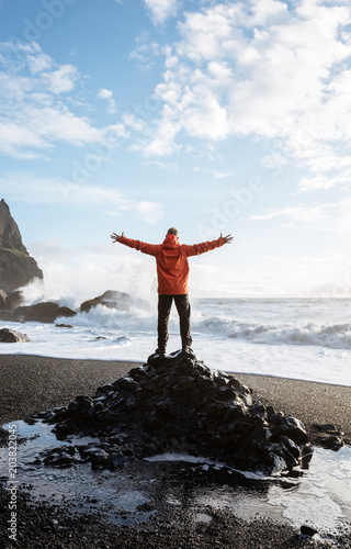 Iceland  Black sand beach with waves  sunset  autumn