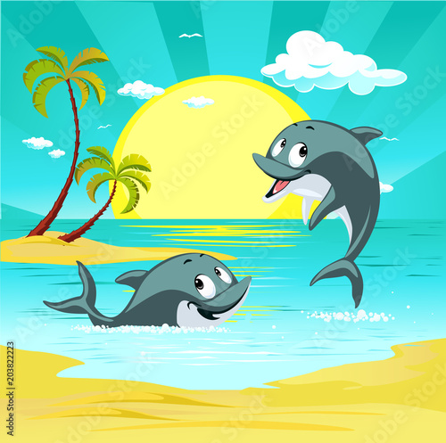 Tropical holiday destination landscape with cute dolphin character playing vector illustration