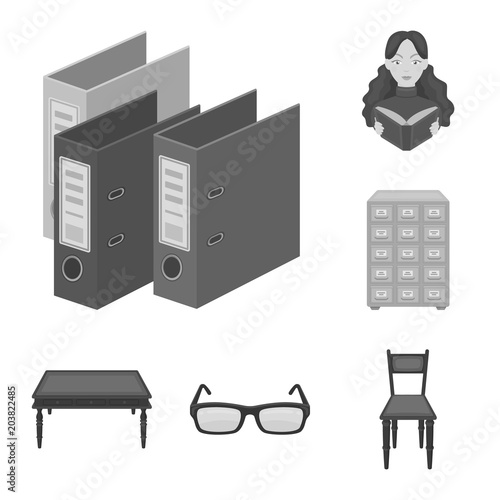 Library and bookstore monochrome icons in set collection for design. Books and furnishings vector symbol stock web illustration.