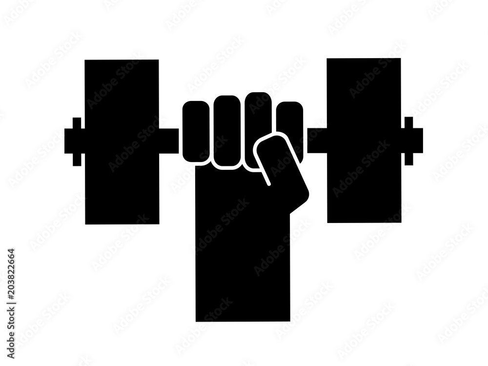 Raised and clenched fist is doing workout and physical training with heavy dumbbell, barbell and free weight. Determination to bodybuilding, lifting and fitness training. Vector illustration.
