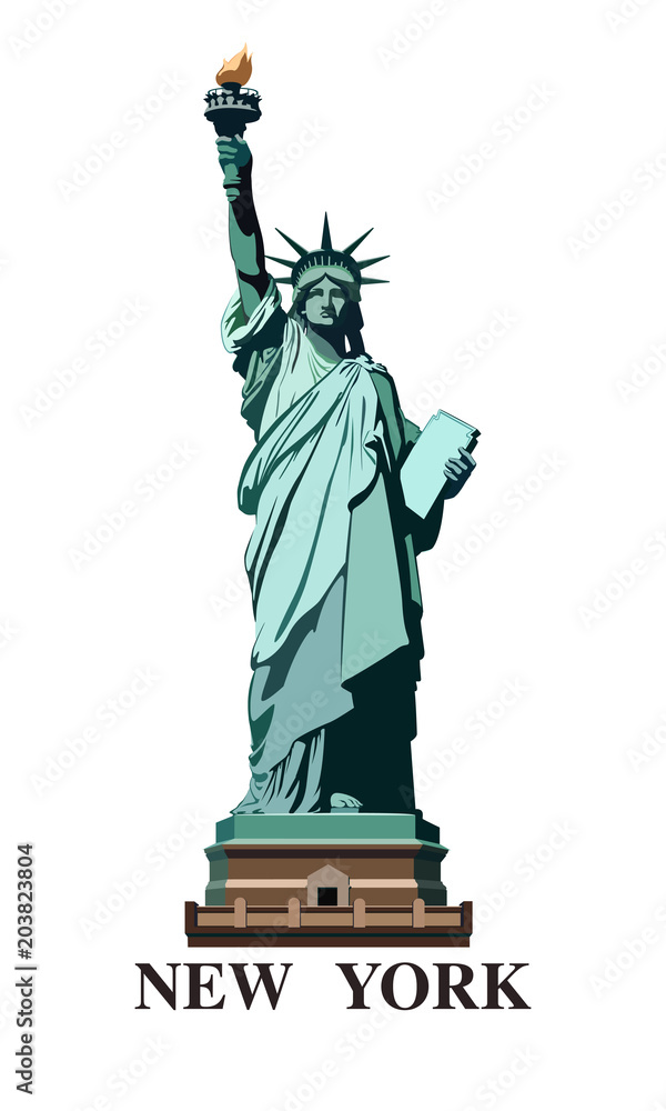 Statue of Liberty USA. New York is a landmark. The best sets of presentation  templates.Bronze sculpture.Green logo on a white background. postcard and  flyer,American symbol Vector illustration EPS 10 Stock Vector