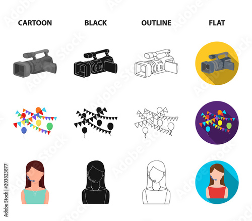 Garland with flags and balls, leading celebration with a microphone, a tray with glasses with champagne, a table covered with a tablecloth with plates, cake and balls. Event services set collection