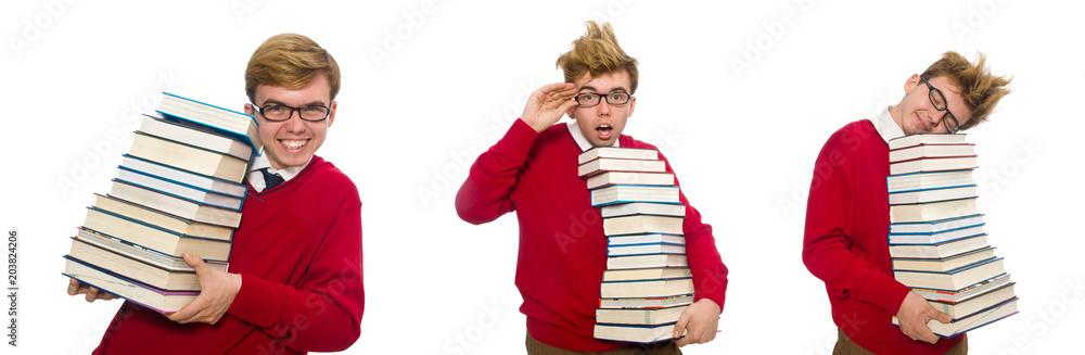 Funny student with books isolated on white Funny student with books isolated on white