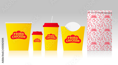 Fried chicken logo and identity. Letters on a form like red rooster comb. Mock up food packages. Corporate identity template set with pattern of fast food restaurant. Business stationery mock-up with 