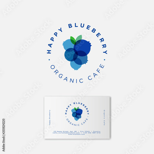 Happy Blueberry logo and business card. Transparent blue berries emblem. Organic food emblem. Beautiful blue berries with letters in a circle. 