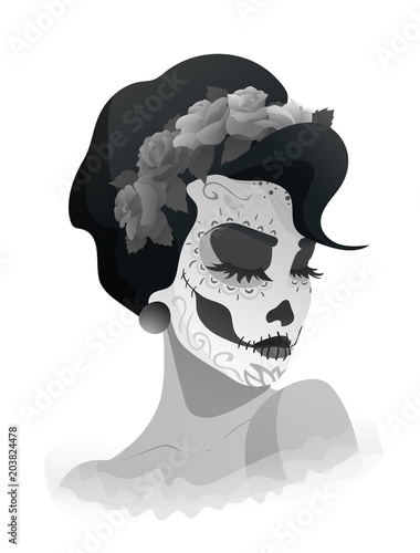 woman with sugar skull makeup and wreath of roses