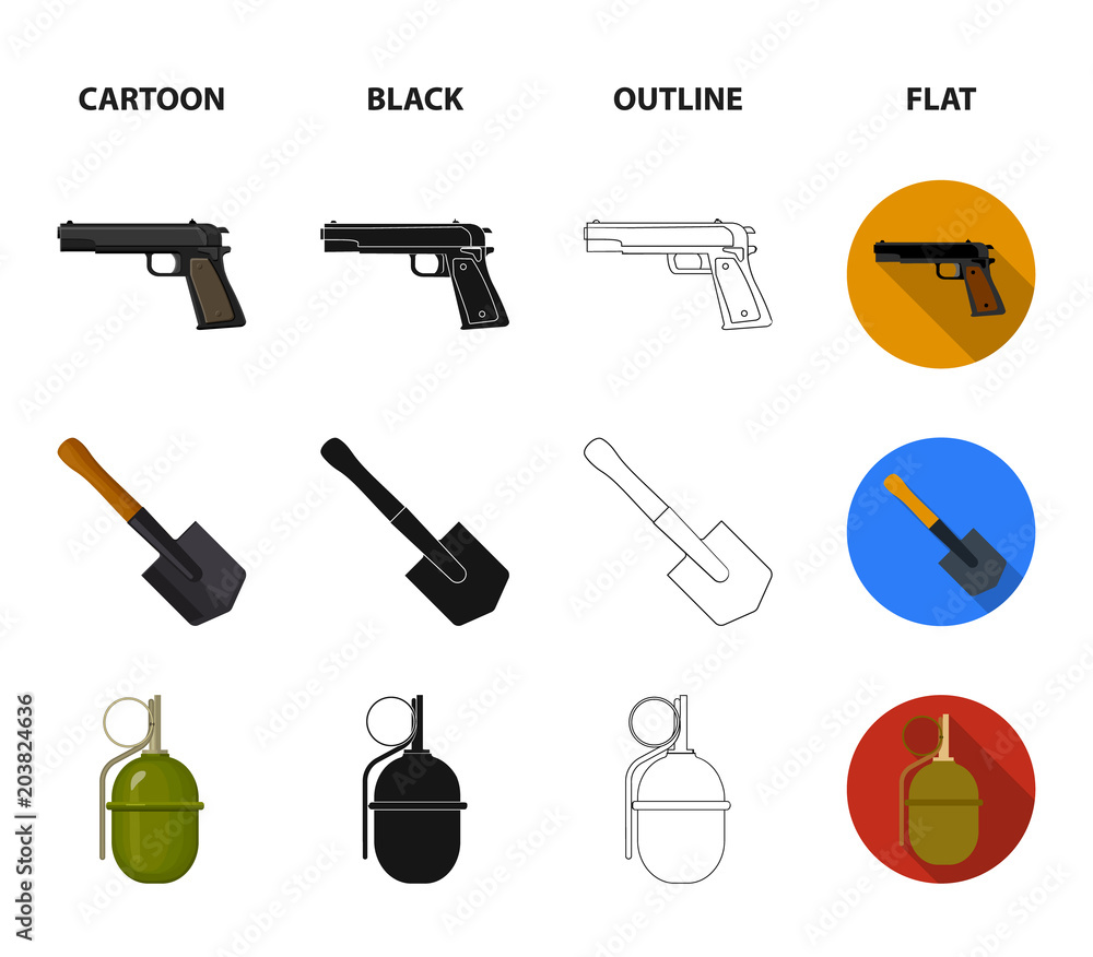 Sapper blade, hand grenade, army flask, soldier boot. Military and army set  collection icons in cartoon,black,outline,flat style vector symbol stock  illustration web. Stock Vector | Adobe Stock