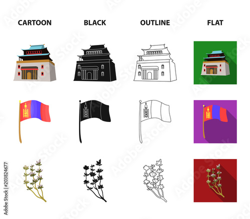 National flag, horse, musical instrument, steppe plant. Mongolia set collection icons in cartoon,black,outline,flat style vector symbol stock illustration web.