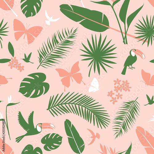 Tropical flowers, jungle palm leaves, paradise tropical humming birds and toucans. Beautiful seamless vector floral pattern background, exotic print. Flat style Hygge design: pink, white, green